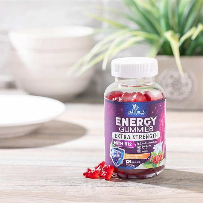 Energy Gummies Vitamin B12 1000 mcg, Green Tea Natural Caffeine Support, Extra Strength Daily Energy Vitamins, Delicious Berry Flavor Gluten Free Chewable Supplement for Cycling & Running - 120 Chews
