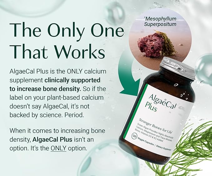 ALGAECAL Plus – Organic Red Algae Calcium Supplement, Vitamin K2 MK7 (100mcg), Vitamin D3 (1600 IU), Magnesium (350mg), Trace Minerals, Plant-Based Bone Strength, Easy to Swallow, 120 Veggie Caps