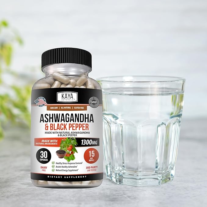 Kaya Naturals Ashwagandha Root with Black Pepper | Maximum Strength 1300mg Adaptogen Supplement, Support Adrenal, Glandular Health, Mood Relief, Focus, Energy & Vitality for Men & Women