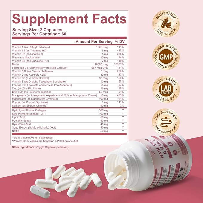 Biotin | Collagen | Vitamin, 25-in-1 Formula Hair, Skin & Nails Supplement with Vitamin B, C, D3, E, Folate, Iron - Supports Hair Growth, Skin Health, Nail Strength for Women