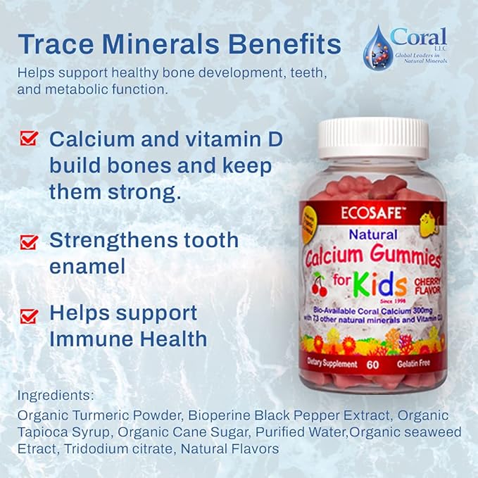 Coral Calcium Vitamin D3 Kids Gummy, Natural Cherry Flavor, Non GMO, Gluten-Free, Dairy-Free, Soy-Free and Gelatin Free - 300 mg of Calcium, and 800 IU of Vitamin D3-60 Gummies (4 Pack)