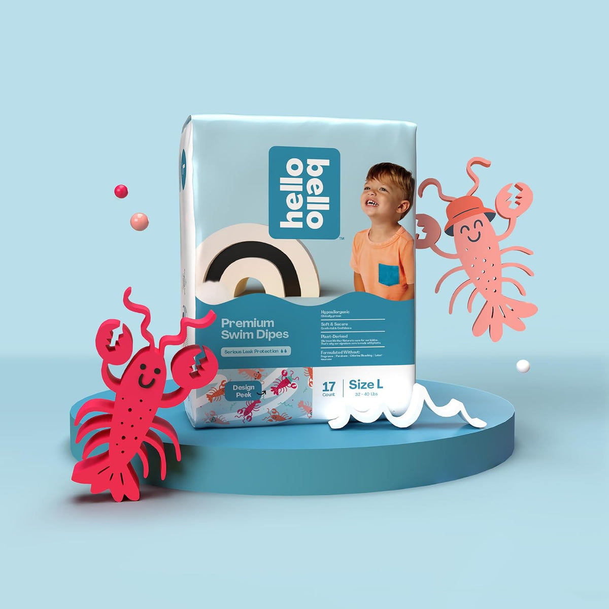 Hello Bello Premium Swim Diapers - Size L (32-40 lbs), Cute Extra-Bright Lobster Designs, 17 Count Jumbo Pack
