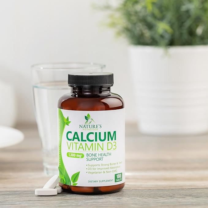Calcium Supplement with Vitamin D - 1200 mg Calcium Carbonate with 1600 IU of D3 Vitamins - Supports Bone Strength, Teeth & Immune System - Natural & Easily Absorbable for Women & Men - 180 Tablets