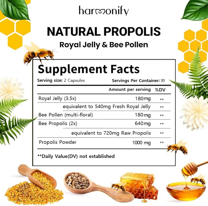Bee Pollen Propolis Royal Jelly Extract with Carob, Pure Immune Support Supplement, Gluten-Free, Vegetarian Capsules, 1000 mg
