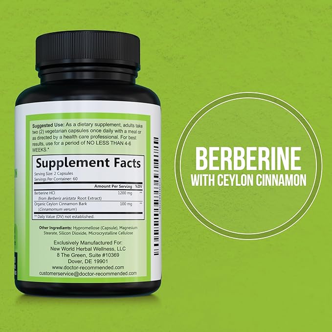 Berberine with Ceylon Cinnamon - 1200mg Berberine & 100mg Organic Ceylon Cinnamon - 120 Veggie Capsules, Healthy Immune System Cardiovascular Heart & Gastrointestinal Wellness (Pack of 2)