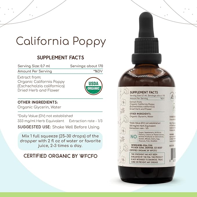 California Poppy B120 USDA Organic Tincture | Alcohol-Free Extract, High-Potency Herbal Drops | Certified Organic California Poppy (Eschscholzia Californica) Dried Herb and Flower (4 fl oz)