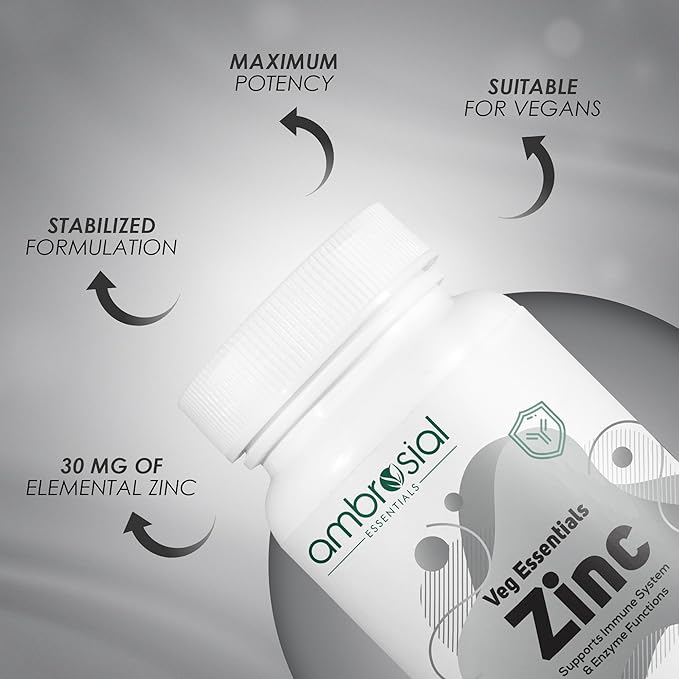Ambrosial Zinc Tablets High Strength 30 mg (Pack of 2-120 Capsules)