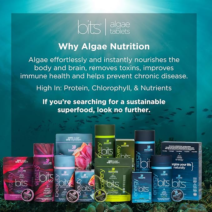 ENERGYBITS - Organic Spirulina Tablets - Plant-Based Algae Superfood - for Focus, Fitness, Energy - Plant Protein - Gluten Free - Collagen, Vitamin B12, Omega 3 - Keto & Vegan - 360 Algae Tablets