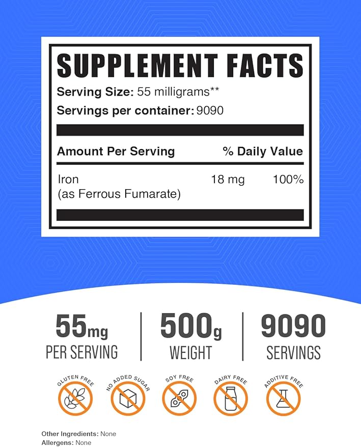 BulkSupplements.com Ferrous Fumarate Powder - Essential Mineral, Iron Supplements, Iron 18mg - Gluten Free, 55mg per Serving, 500g (1.1 lbs) (Pack of 1)