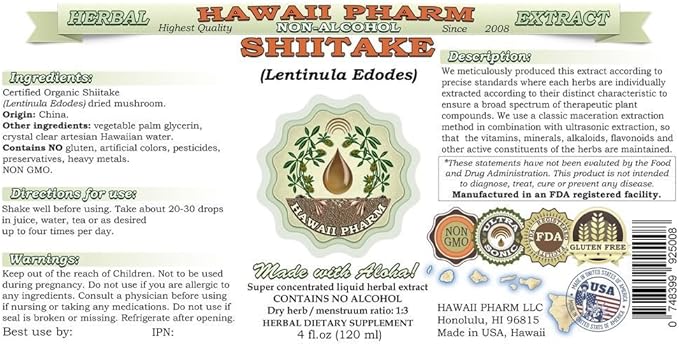 Shiitake Alcohol-Free Liquid Extract, Organic Shiitake (Lentinula Edodes) Dried Mushroom Glycerite Natural Herbal Supplement, Hawaii Pharm, USA 2x4 fl.oz