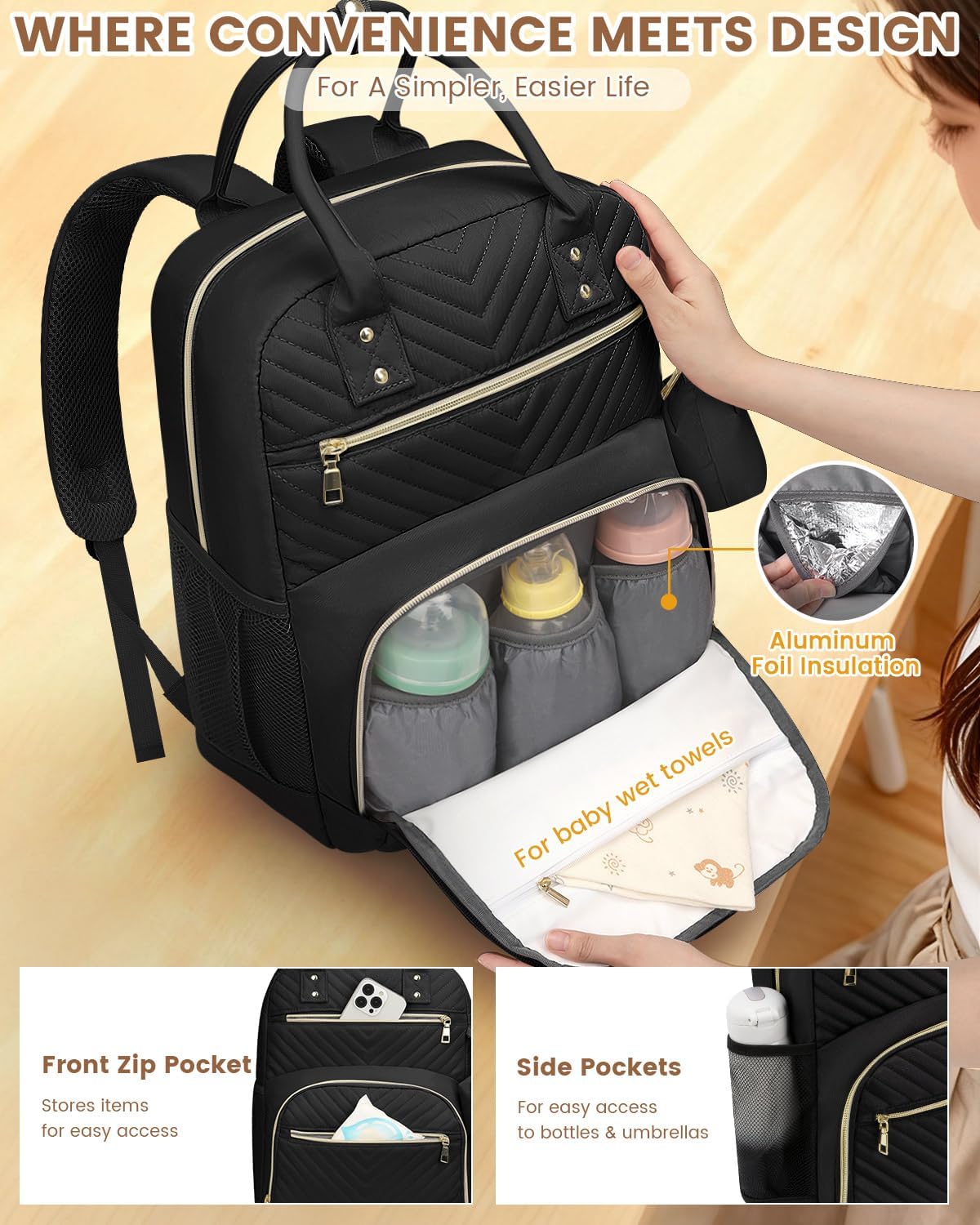 Pritent Diaper Bag Backpack, Baby Bag Backpack Baby Essentials for Mom Dad | With Pacifier Case, Diaper Bags, Baby Diaper Bag, Insulated Pocket, Diaper Backpack for Baby Girl Boy(Black,M)