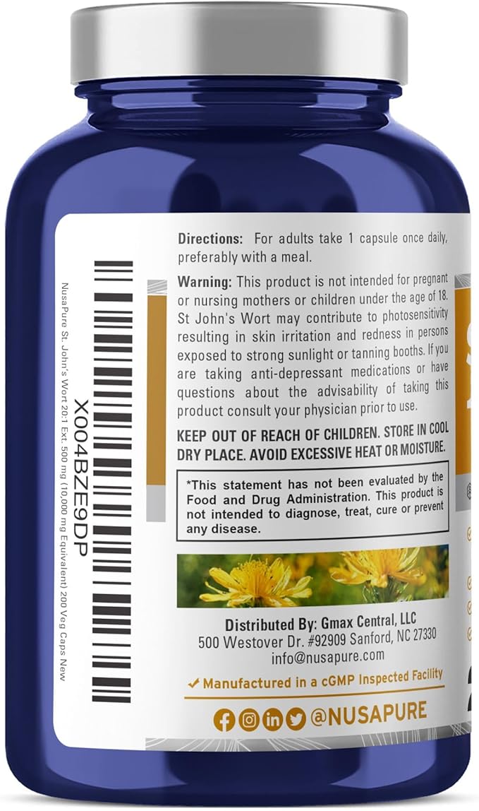 NusaPure St. John's Wort 10,000mg 200 Veggie Capsules (Vegetarian, Non-GMO) Bioperine