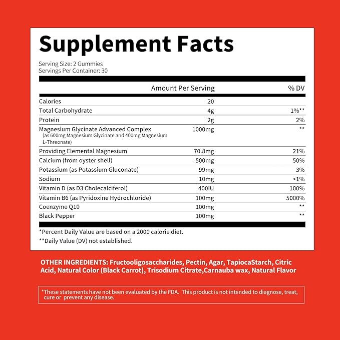 Magnesium Glycinate Gummies 1000mg - for Adults Magnesium Potassium Supplement with Vitamin D, B6, CoQ10 for Calm Mood & Sleep Support - 60 Strawberry Gummies -1 Pack