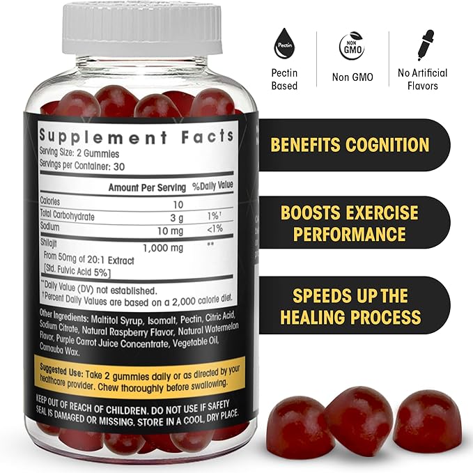 Sugar Free Shilajit Gummies (1000mg Serving)- Natural Himalayan Organic Fulvic Acid Shilajit Supplement for Men and Women -60 Gummy Chews