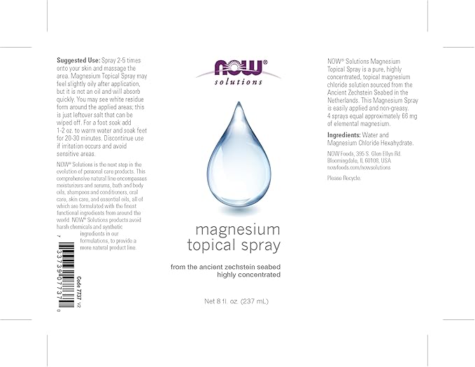 NOW Foods Solutions, Magnesium Topical Spray, from the Ancient Zechstein Seabed, Highly Concentrated, 8 Fl Oz (Pack of 1)