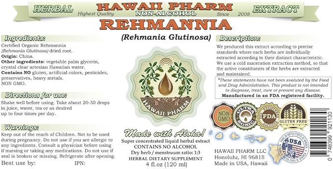 Rehmannia Alcohol-Free Liquid Extract, Organic Rehmannia (Rehmania Glutinosa) Dried Root Glycerite Natural Herbal Supplement, Hawaii Pharm, USA 4x4 fl.oz