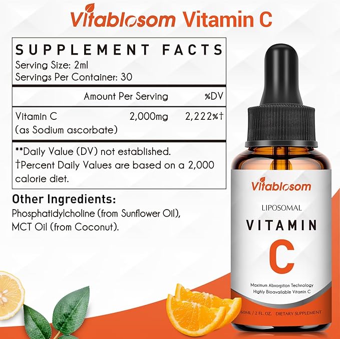 Liposomal Vitamin C 2000mg Liquid for Adults, High Absorption VIT C ，Maximize Vitamin C, for Immune System & Antioxidant, 60ML (3 Bottles)