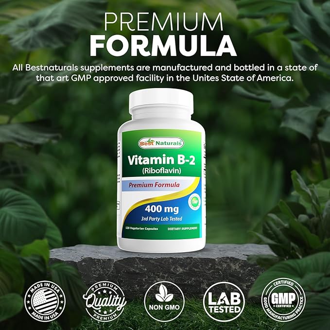 Best Naturals Vitamin B2 (Riboflavin) 400mg - Migraine Relief - Veggie Capsules - Conezyme Precursor - 120 Count