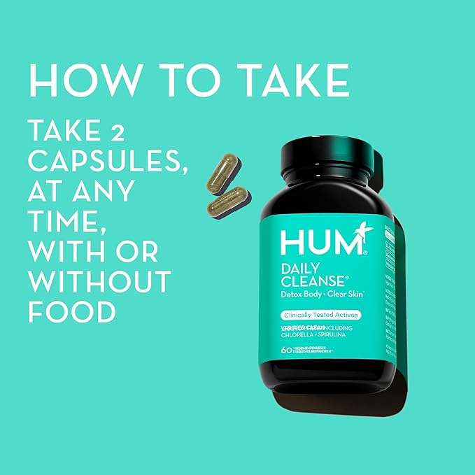 HUM Daily Cleanse Acne Supplement - Gut Cleanse Detox for Clear Skin with Organic Algae, Detoxifying Herbs, Zinc & Spirulina | Clear Skin Supplement (60 Capsules)