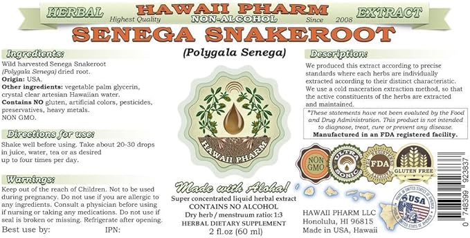 Senega Snakeroot Alcohol-Free Liquid Extract, Senega Snakeroot (Polygala Senega) Dried Root Glycerite Natural Herbal Supplement, Hawaii Pharm, USA 64 fl.oz