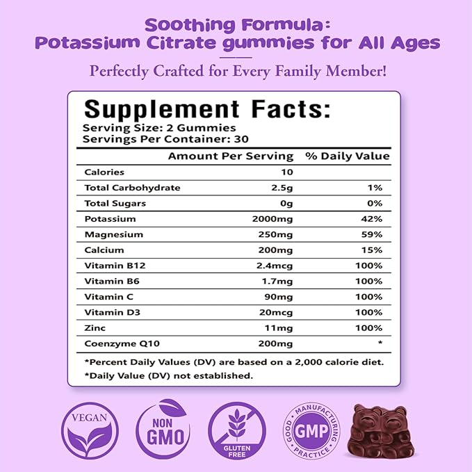 Potassium Citrate Gummies – Potassium Supplement for Muscle Health, Leg Cramp Relief & Electrolyte Balance, Vegan, Non-GMO, Gluten-Free, Blueberry Flavor, 60 Count