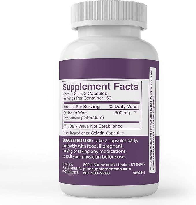 PURE ORIGINAL INGREDIENTS St. John's Wort, (100 Capsules) Always Pure, No Additives Or Fillers, Lab Verified