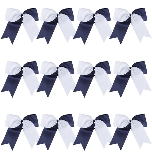 8 Inch 2 Colors Jumbo Cheerleader Bows Ponytail Holder Cheerleading Bows Hair (Navy Blue/White)
