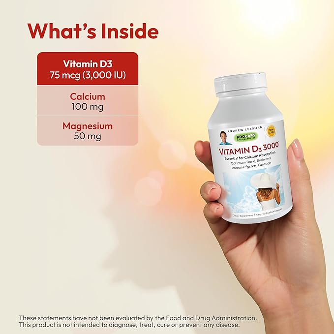 ANDREW LESSMAN Vitamin D3 3000 IU 180 Capsules - High Potency, Essential for Calcium Absorption, Supports Bone Health, Healthy Muscle Function, Immune System, More. Small Easy to Swallow Capsules