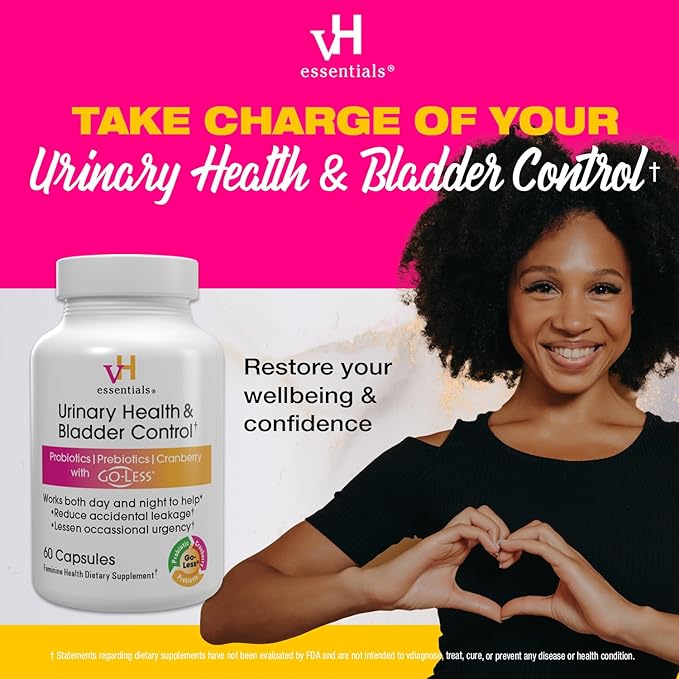 vH essentials Urinary Health & Bladder Control, Cranberry Extract, Prebiotics and Probiotics, 24-Hour Feminine Health Support, Reduces Occasional Leakage, Supports Vaginal Health, 60 Capsules