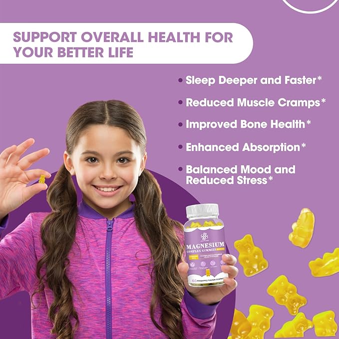 Magnesium Glycinate Gummies with Magnesium Malate, Taurate, Citrate, Potassium Complex Supplement with CoQ10, Calcium, Supports for Memory, Bone, Calm, Sleep, 60 Pineapple Gummies