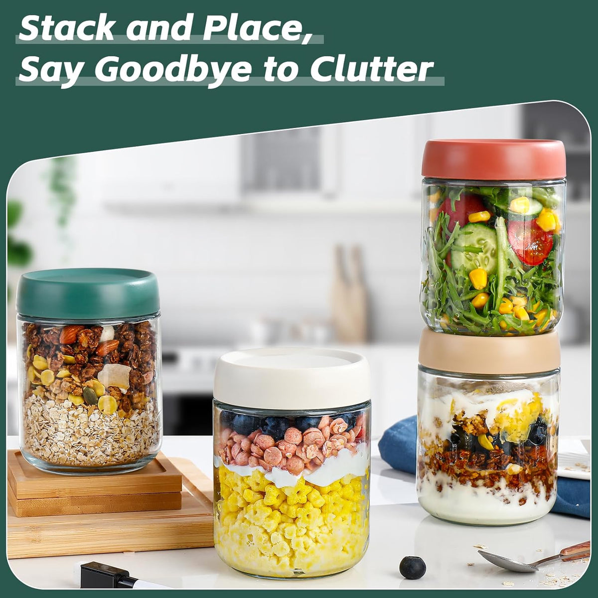 DIMBRAH Overnight Oats Containers with Lids,16oz Glass Jars with Lids - Set Of 4, Practical Oatmeal Container to Go, Chia Seed Pudding Jars, Baby Food Containers