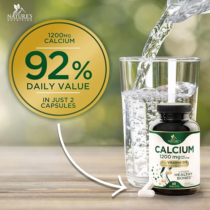 Calcium 1200 mg with Vitamin D3, Calcium Supplement Vitamins, Supports Bone Strength, Teeth & Immune System, Calcium Supplements for Women & Men, Nature's Absorbable Calcium Carbonate - 60 Tablets