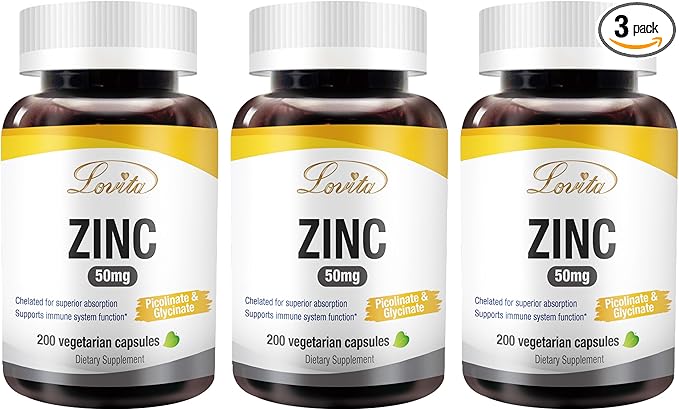 Lovita Zinc 50mg | Potent Highly-Absorbed Chelated Zinc Supplements, Picolinate & Bisglycinate | Vegan, Gluten Free, non-GMO | For Immune, Antioxidant Support & Healthy Skin | 200 Capsules (Pack of 3)