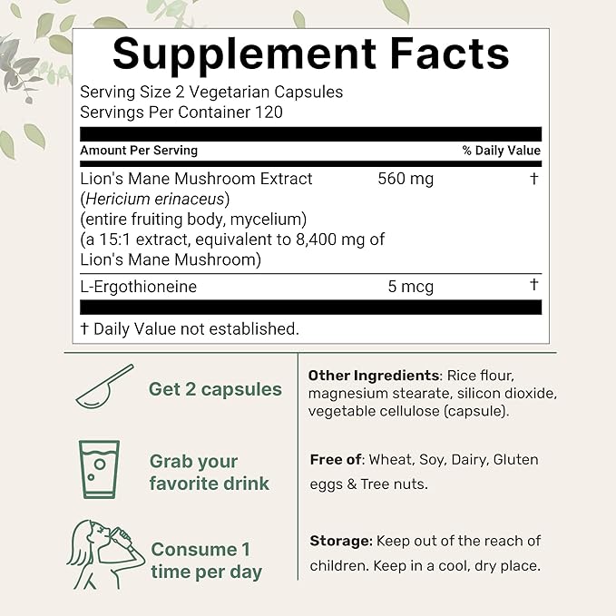 Micro Ingredients Lions Mane Supplement Capsules 8,400 mg Equivalent | 240 Veggie Capsules with L-Ergothioneine | Mushroom Supplement for Healthy Brain & Cognitive Support | Non-GMO, 4 Month Supply
