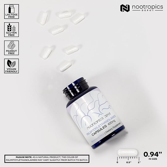 Nootropics Depot Palmitoylethanolamide Capsules | Pea | 400mg Pills | 60 Count | Supports Discomfort Relief | Promotes Healthy Joint Function