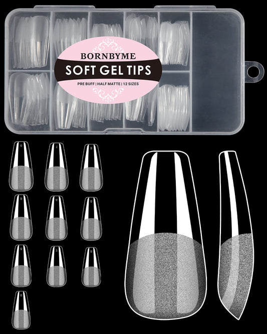 Soft Gel Nail Tips Medium Coffin, 120Pcs Pre Buff Full Cover Nail Extenison Tips Half Matte Gel X Nail Tips Bornbyme