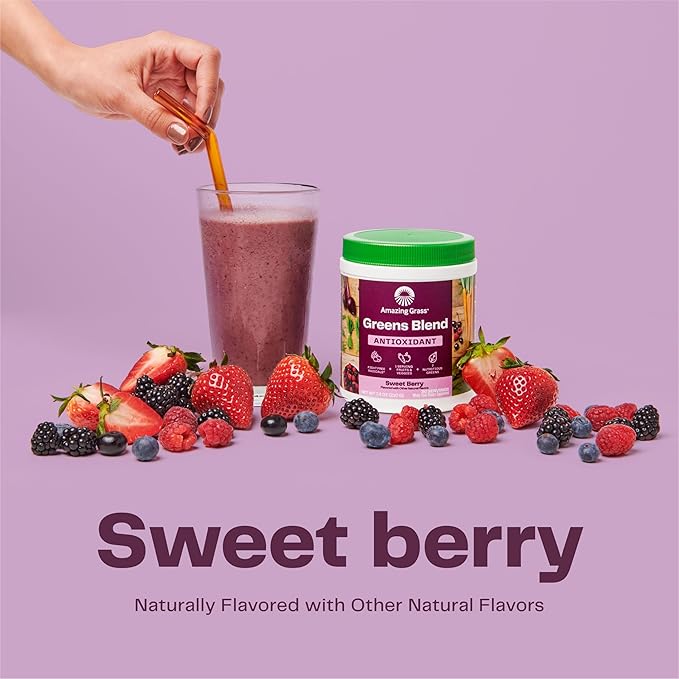 Amazing Grass Greens Superfood Antioxidant: Greens Powder with Organic Spirulina, Beet Root Powder, Elderberry & Probiotics, Sweet Berry, 100 Servings (Packaging May Vary)