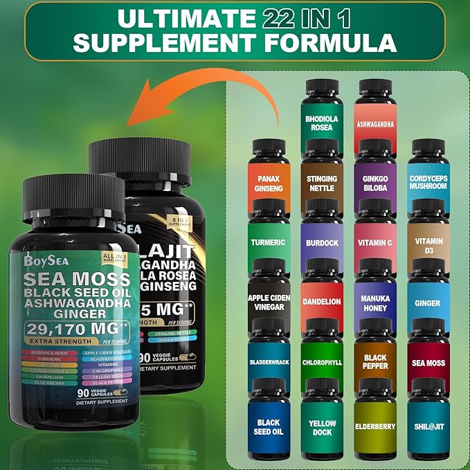 Boysea.Shilajit and Sea Moss Bundle- 90 Count - Sea Moss 7000mg, Black Seed Oil 4000mg, Ashwagandha 2000mg, Ginger & Shilajit 9000mg, Rhodiola Rosea 1000mg, All in 1 Supplements (1 Pack)