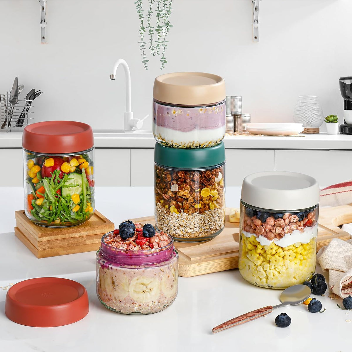 DIMBRAH Overnight Oats Containers with Lids,16oz Glass Jars with Lids - Set Of 4, Practical Oatmeal Container to Go, Chia Seed Pudding Jars, Baby Food Containers