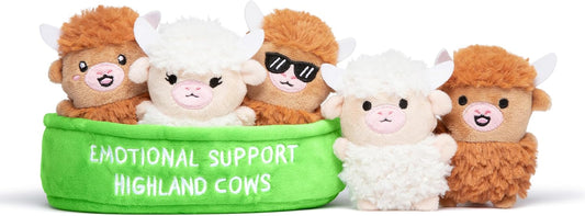 Emotional Support Highland Cows by Relatable, Cuddly Stuffed Animals, Plushies, and Cute Stuff, Great Gift Ideas for Loved Ones of All Ages, Includes 5 Toys with Carrying Basket