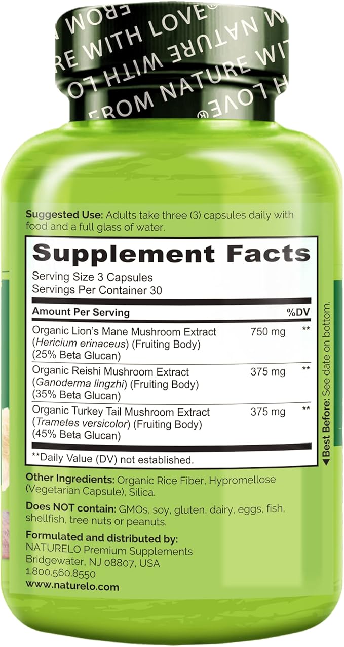 NATURELO Mushroom Supplement – Brain & Immune Health Blend with Lion’s Mane, Reishi, Turkey Tail – 90 Vegan Friendly Capsules (Pack of 2)