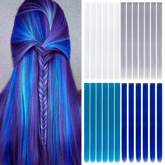 20'' Colored Clip In Hair Extensions For Girls 24 Pcs Straight Fashion Hairpieces For Party Highlights (White+Gray+Blue+Navy Blu