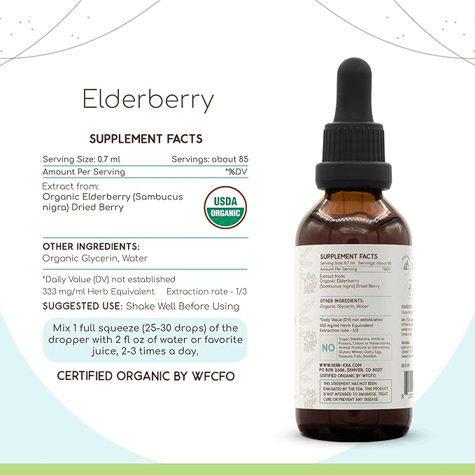 Elderberry B60 USDA Organic Tincture | Alcohol-Free Extract, High-Potency Herbal Drops | Certified Organic Elderberry (Sambucus Nigra) Dried Berry 2 FL OZ