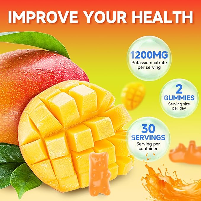 Potassium Citrate Gummies, High Potassium Supplement Gummies 1200mg Support Leg Cramps & Muscle Health, Potassium Gummies for Adults & Kids, Vegan, Mango Flavor 120 Count