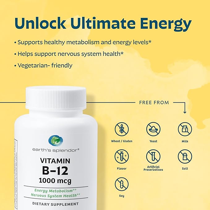 Earth's Splendor Energy + Bone Support Energy Bundle: Vitamin B12 & Calcium+Vitamin D Bundle. Gluten Free, No Artificial Flavors or Colors, Helps Energy Metabolism & Bone Health