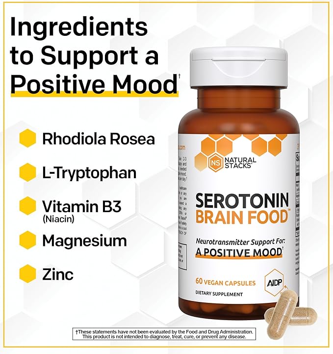 Serotonin Brain Food - 1250mg L-Tryptophan & 400mg Rhodiola Rosea Supplement - Mood Support Supplement for Stress Relief - Neurotransmitter Support with Magnesium Glycinate & Zinc - 60 Capsules