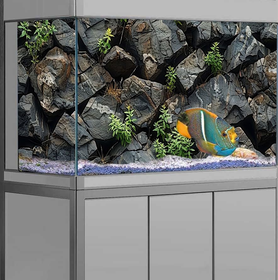Stone Aquarium Background, Underwater Rock Plant Fish Tank Background Rocky Terrarium Background Black, Polyester Background with 6 EVA Double-Sided Tapes 48x24 inches/120x60 - color: Rock, size: 48"L x 24"W