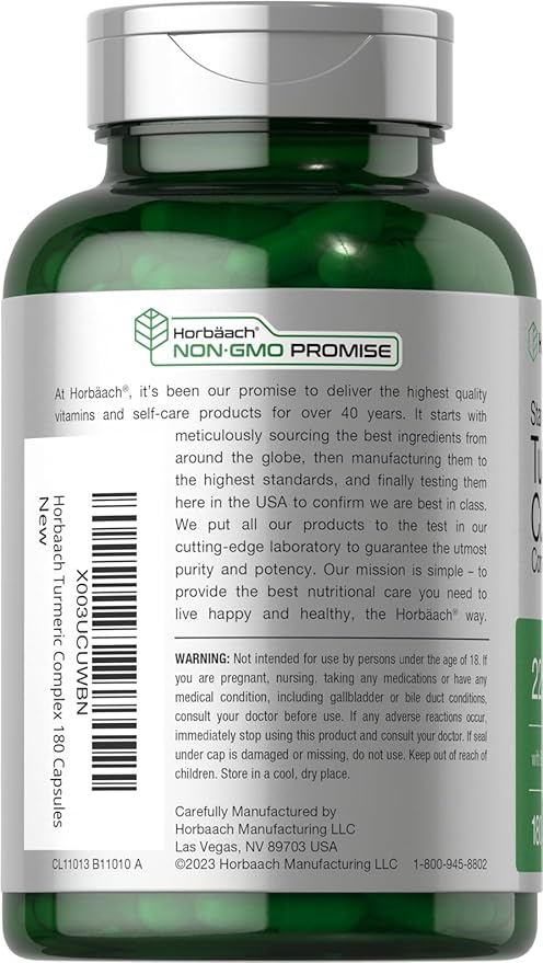 Horbäach Turmeric Curcumin Supplement | 2250mg | 180 Capsules | with Black Pepper & Tart Cherry | Non-GMO & Gluten Free