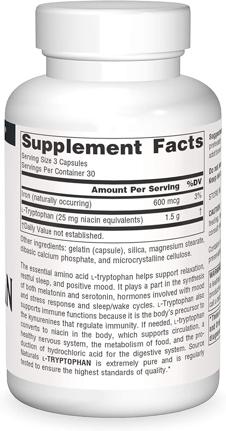 Source Naturals L-Tryptophan, for Mood, Relaxation, and Sleep*, 500mg - 90 Capsules