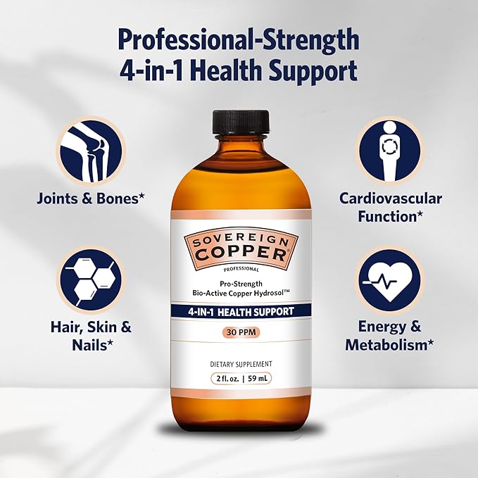 Sovereign Copper Pro-Strength Copper-Hydrosol, Bio-Active Liquid Copper Supplements for 4-in-1 Health Support, 2 fl oz